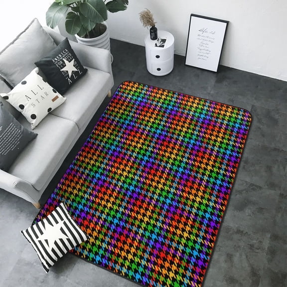 Area Rugs For Living Room Decor - Rainbow Houndstooth Soft Anti Slip Throw Washable Rugs 5x7 For Bedroom, Indoor Carpet For Bedroom Living Room 80x58In
