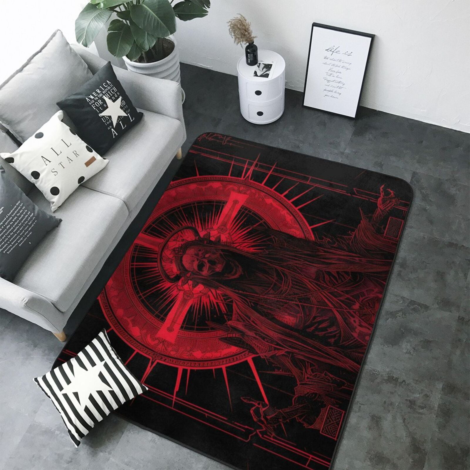 Area Rugs For Living Room Decor Red Gothic Skeleton Throne Anti Slip