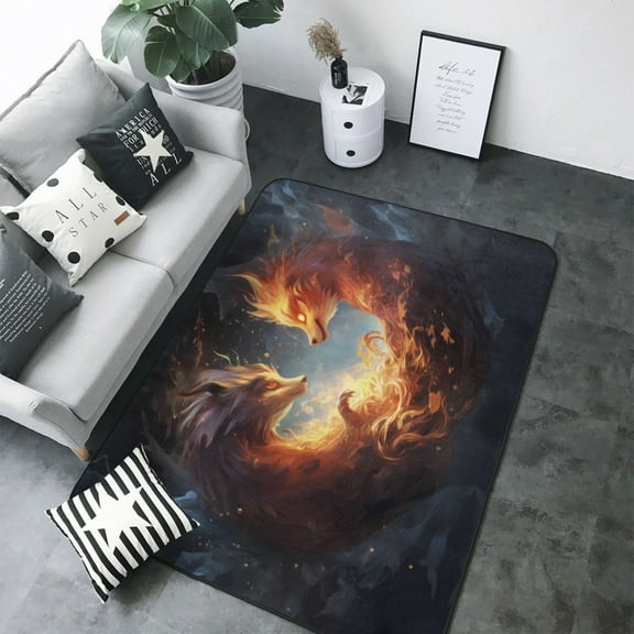 Area Rugs For Living Room Decor - Red and Gray Flame Fox Soft Anti Slip Throw Washable Rugs 5x7 For Bedroom, Indoor Carpet For Bedroom Living Room 80x58In