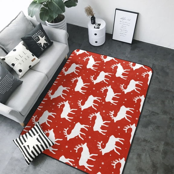 Area Rugs For Living Room Decor - Red white deers moose winter Soft Anti Slip Throw Washable Rugs 5x7 For Bedroom, Indoor Carpet For Bedroom Living Room 80x58In