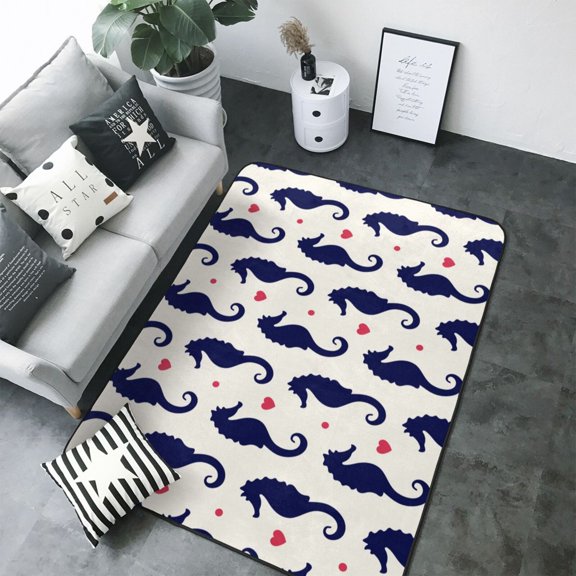 Area Rugs For Living Room Decor - Seahorses and Hearts Soft Anti Slip Throw Washable Rugs 5x7 For Bedroom, Indoor Carpet For Bedroom Living Room 80x58In
