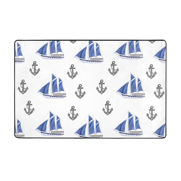 Area Rugs For Living Room Decor - Ship Blue Sails Anchors White Anti Slip Throw Washable Rugs 3x5 For Bedroom, Soft Indoor Carpet For Bedroom Living Room 60x39In