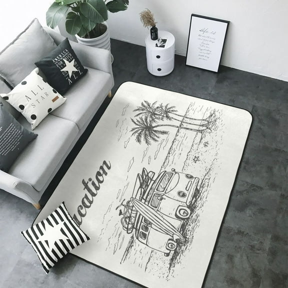 Area Rugs For Living Room Decor - Summer Vacation Scene Camping Van Soft Anti Slip Throw Washable Rugs 5x7 For Bedroom, Indoor Carpet For Bedroom Living Room 80x58In