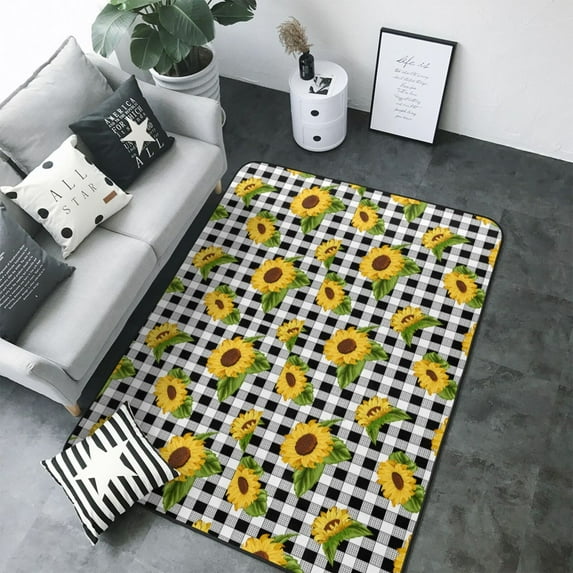 Area Rugs For Living Room Decor - Sunflowers checkered plaid Soft Anti Slip Throw Washable Rugs 5x7 For Bedroom, Indoor Carpet For Bedroom Living Room 80x58In