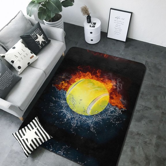 Area Rugs For Living Room Decor - Tennis Ball In Fire And Water Soft Anti Slip Throw Washable Rugs 5x7 For Bedroom, Indoor Carpet For Bedroom Living Room 80x58In