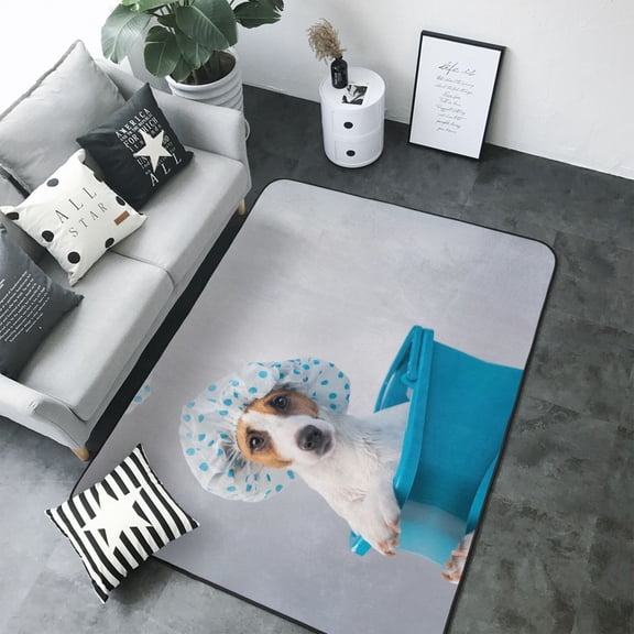 Area Rugs For Living Room Decor - Terrier Takes A Bath With Shower Cap Soft Anti Slip Throw Washable Rugs 5x7 For Bedroom, Indoor Carpet For Bedroom Living Room 80x58In