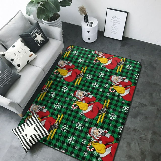 Area Rugs For Living Room Decor Vintage Santa Skiing Green Plaid Anti