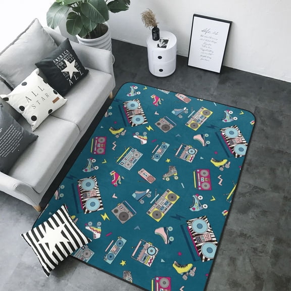 Area Rugs For Living Room Decor - Vintage Tape Players And Skates Soft Anti Slip Throw Washable Rugs 5x7 For Bedroom, Indoor Carpet For Bedroom Living Room 80x58In
