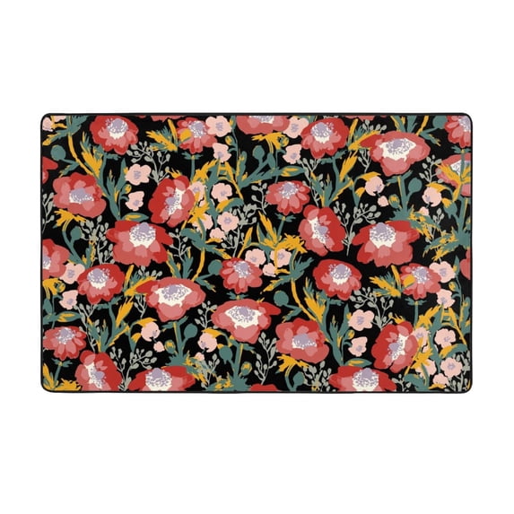 Area Rugs For Living Room Decor - Watercolor Red Wildflowers Anti Slip Throw Washable Rugs 3x5 For Bedroom, Soft Indoor Carpet For Bedroom Living Room 60x39In