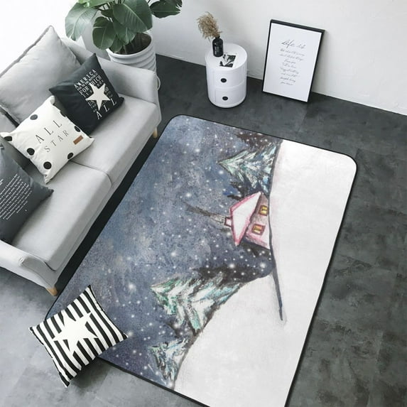 Area Rugs For Living Room Decor - Watercolor Winter Landscape Soft Anti Slip Throw Washable Rugs 5x7 For Bedroom, Indoor Carpet For Bedroom Living Room 80x58In