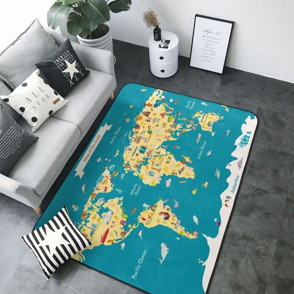 Area Rugs For Living Room Decor - World Map With Landmarks Soft Anti Slip Throw Washable Rugs 5x7 For Bedroom, Indoor Carpet For Bedroom Living Room 80x58In