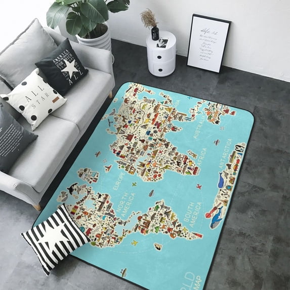 Area Rugs For Living Room Decor - World Travel Line Icons Map Soft Anti Slip Throw Washable Rugs 5x7 For Bedroom, Indoor Carpet For Bedroom Living Room 80x58In
