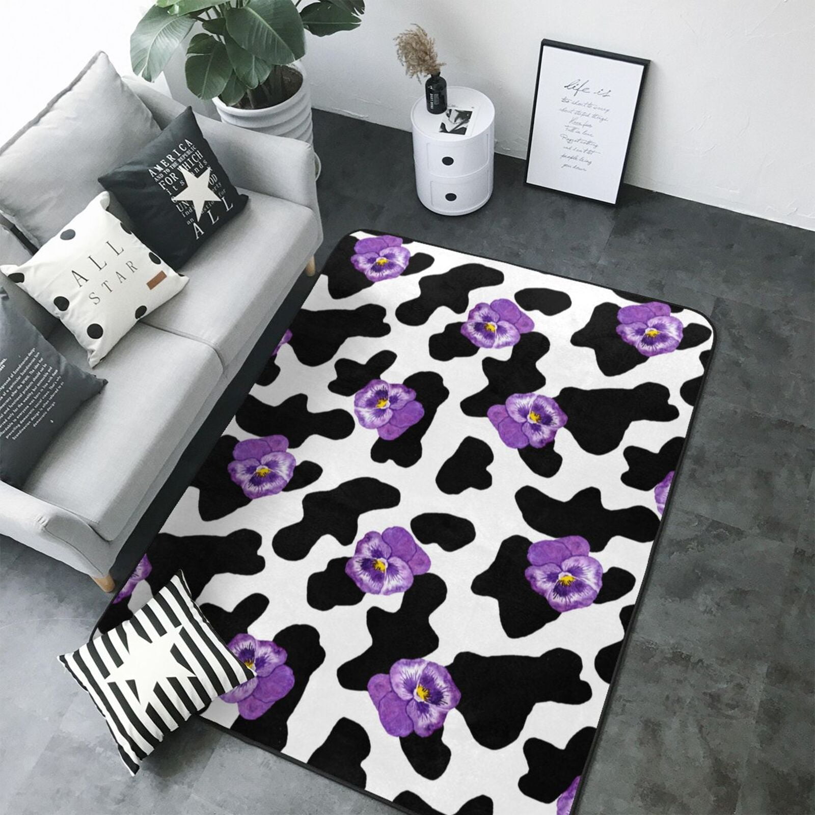 Area Rugs For Living Room Decor cow print purple violet flower Anti