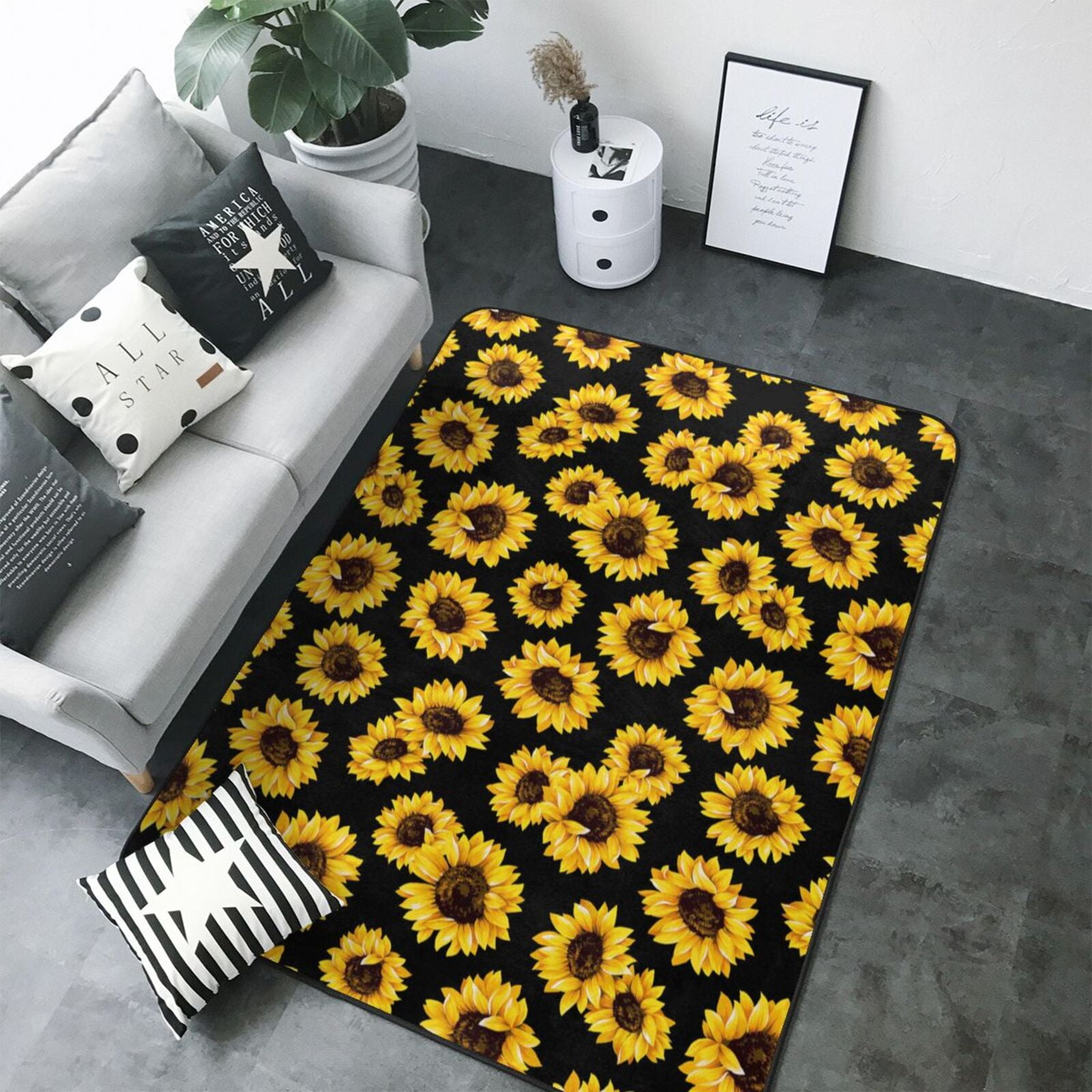 Area Rugs For Living Room Decor - cute Sunflower in black Soft Anti ...