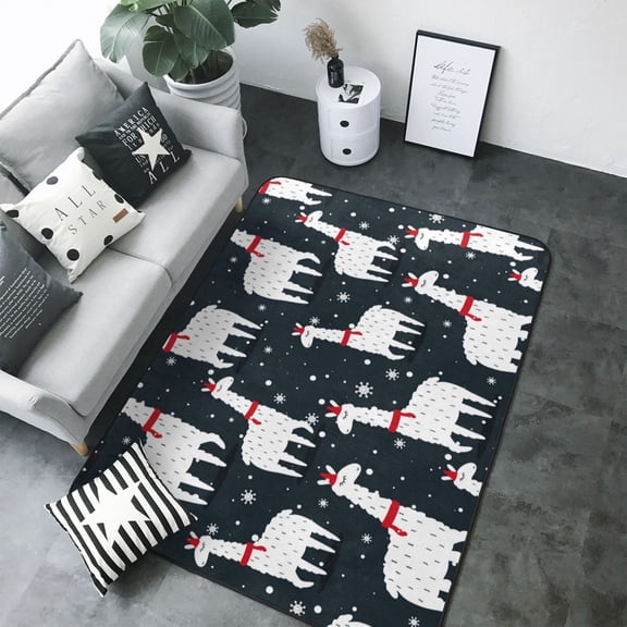 Area Rugs For Living Room Decor - cute alpacas Lamas snowflakes black Soft Anti Slip Throw Washable Rugs 5x7 For Bedroom, Indoor Carpet For Bedroom Living Room 80x58In