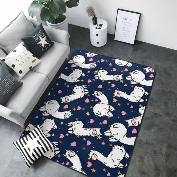 Area Rugs For Living Room Decor - cute alpacas lama hearts star Soft Anti Slip Throw Washable Rugs 5x7 For Bedroom, Indoor Carpet For Bedroom Living Room 80x58In