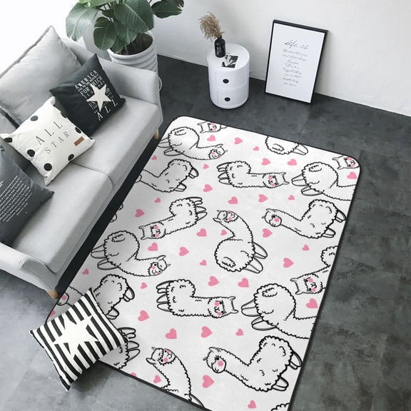 Area Rugs For Living Room Decor - cute alpacas lama hearts white Soft Anti Slip Throw Washable Rugs 5x7 For Bedroom, Indoor Carpet For Bedroom Living Room 80x58In