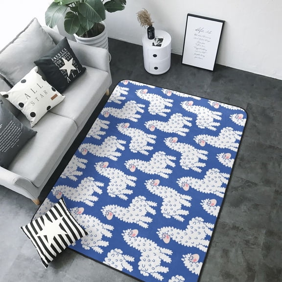 Area Rugs For Living Room Decor - cute cartoon lama alpaca blue Soft Anti Slip Throw Washable Rugs 5x7 For Bedroom, Indoor Carpet For Bedroom Living Room 80x58In