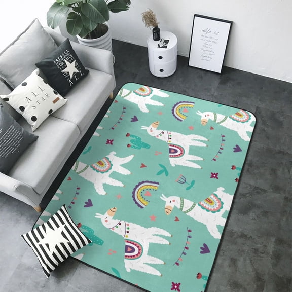 Area Rugs For Living Room Decor - scandinavian style cute lamas green Soft Anti Slip Throw Washable Rugs 5x7 For Bedroom, Indoor Carpet For Bedroom Living Room 80x58In