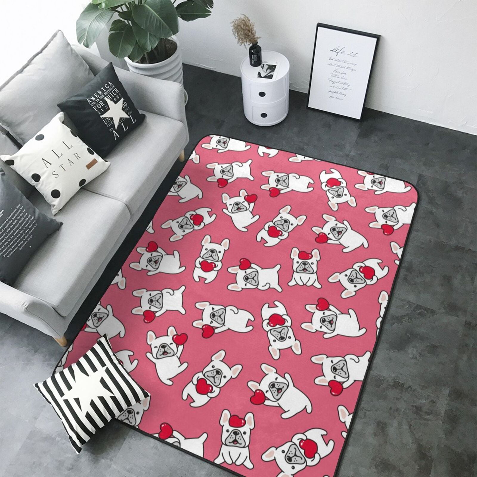 Area Rugs, French Bulldog And Heart Washable Large Rugs for Living Room