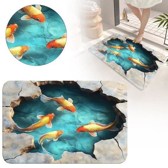 Area Rugs,Funny Fish Mat Realistic 3D Effects Fish Doormat Watercolor Pond Floor Mats Welcome Door Mats Decor Non Entrance Mat For Home Living Room Bedroom Kitchen Porch Yard Decor