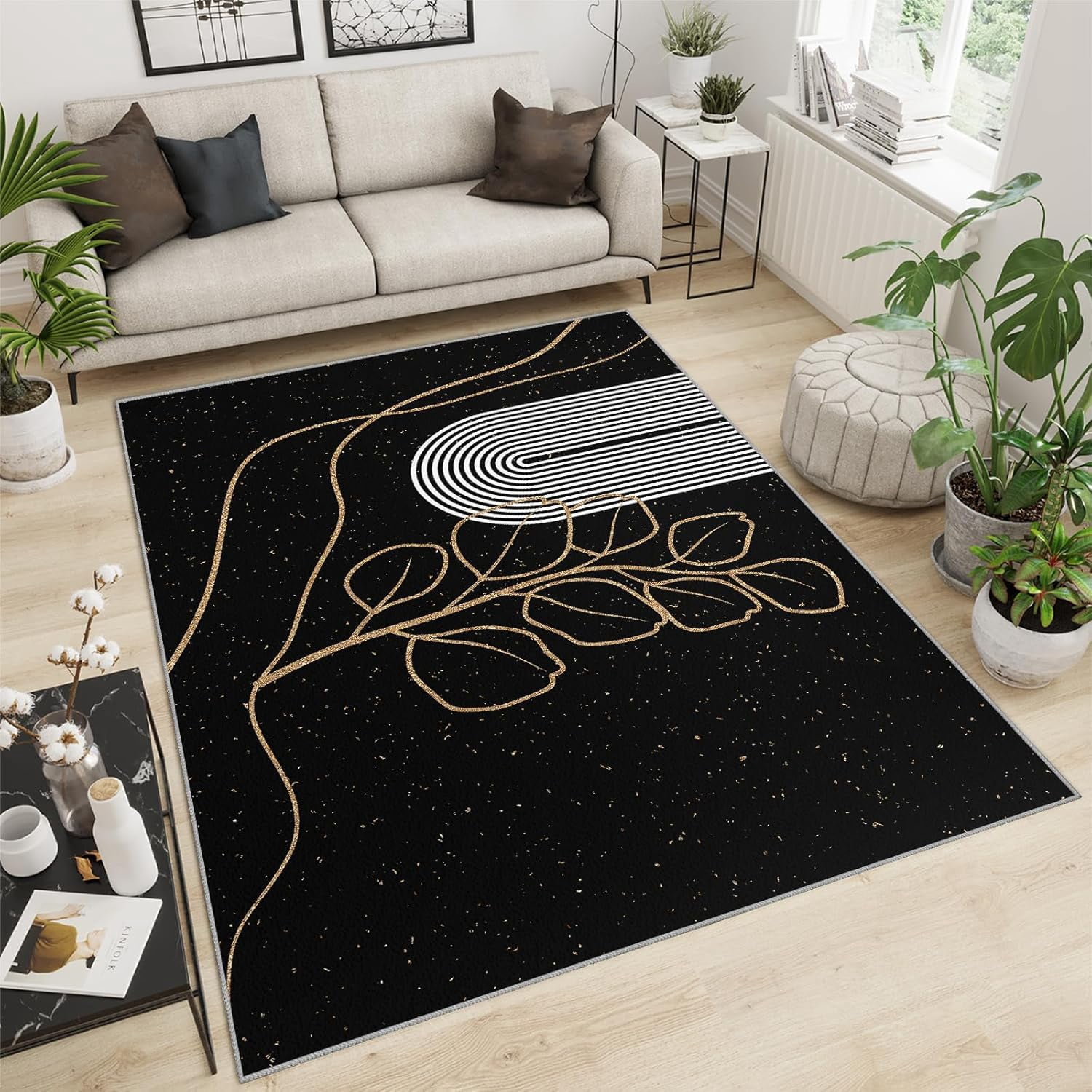 Area Rugs Golden Plant Leaves, Arched Lines Geometry European Medieval ...