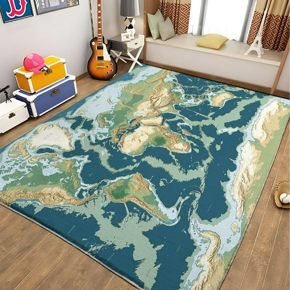 Area Rugs Green Rectangle Carpet, World Map Printed Non Slip Rug, For Dining Room Backyard Decor Rug , For Teen Boys Women Men Rug 3x4ft