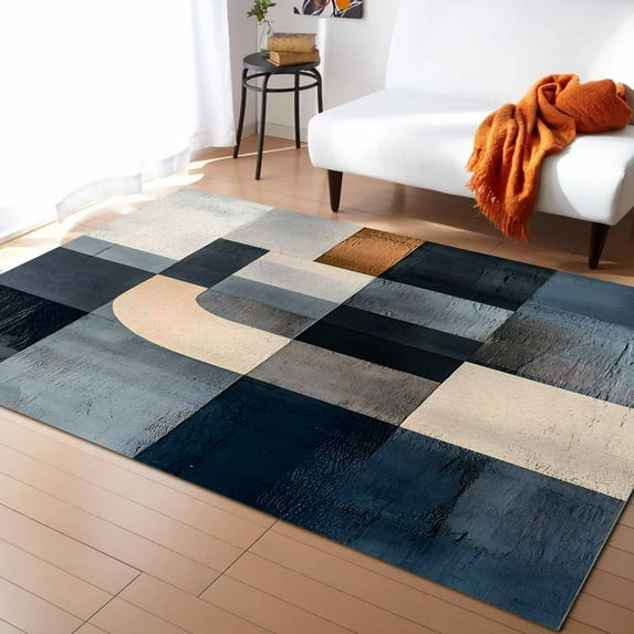 Area Rugs Indoor Non-Slip Rectangle Rug 2.7x5 Ft Abstract Color Block Grey Blue Brown Modern Style Rug Rubber Backing Floor Mats Non Shedding Home Decor Carpet for Entryway Living Room