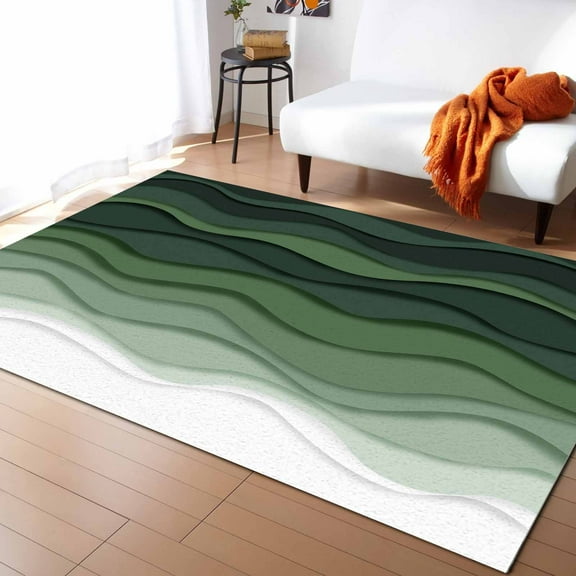 Area Rugs Indoor Non-Slip Rectangle Rug 2.7x5 Ft Abstract Sage Green Gradient Ocean Waves Sandy Beach Rug Rubber Backing Floor Mats Non Shedding Home Decor Carpet for Entryway Living Room