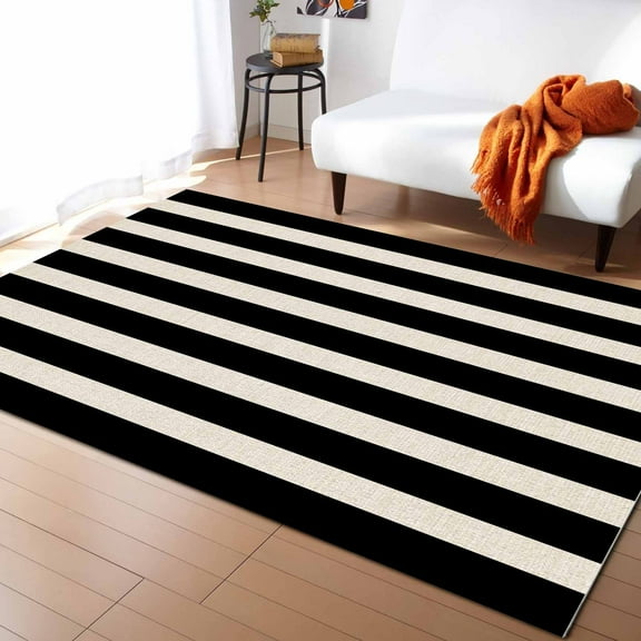 Area Rugs Indoor Non-Slip Rectangle Rug 2.7x5 Ft Abstract Simple Style Black Brown Striped Rug Rubber Backing Floor Mats Non Shedding Home Decor Carpet for Entryway Living Room