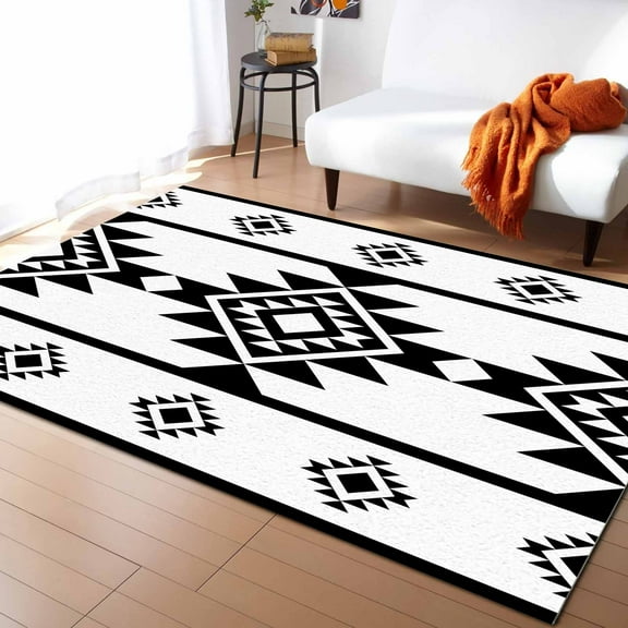 Area Rugs Indoor Non-Slip Rectangle Rug 2.7x5 Ft Aztec Triangle Pattern Black White Western Tribal Rug Rubber Backing Floor Mats Non Shedding Home Decor Carpet for Entryway Living Room