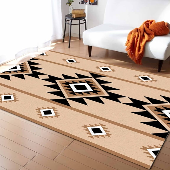 Area Rugs Indoor Non-Slip Rectangle Rug 2.7x5 Ft Aztec Triangle Pattern Brown Black Western Tribal Rug Rubber Backing Floor Mats Non Shedding Home Decor Carpet for Entryway Living Room
