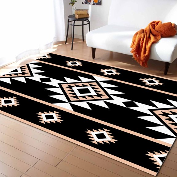 Area Rugs Indoor Non-Slip Rectangle Rug 2.7x5 Ft Aztec Triangle Pattern Pink Black White Western Tribal Rug Rubber Backing Floor Mats Non Shedding Home Decor Carpet for Entryway Living Room