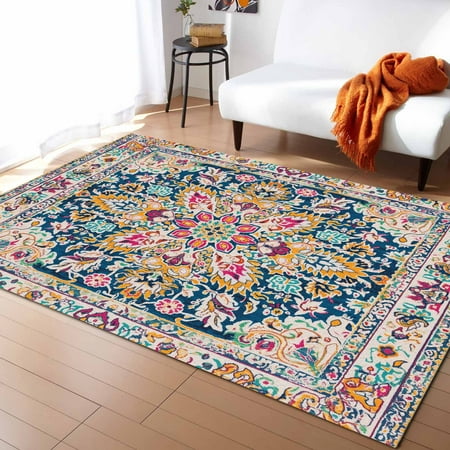 Area Rugs Indoor Non-Slip Rectangle Rug 2.7x5 Ft Beige Dark Blue Red Orange Flower Ethnic Middle East Vintage Retro Rug Rubber Backing Floor Mats Non Shedding Home Decor Carpet for Entryway