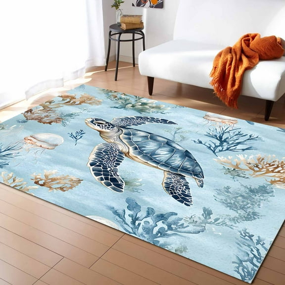 Area Rugs Indoor Non-Slip Rectangle Rug 2.7x5 Ft Blue Sea Turtles Rug Rubber Backing Floor Mats Non Shedding Home Decor Carpet for Entryway Living Room