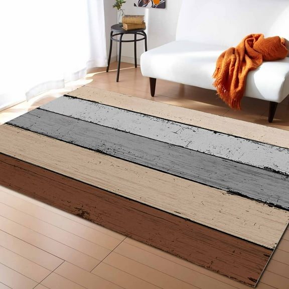 Area Rugs Indoor Non-Slip Rectangle Rug 2.7x5 Ft Brown Gradient Vintage Country Wood Grain Rug Rubber Backing Floor Mats Non Shedding Home Decor Carpet for Entryway Living Room