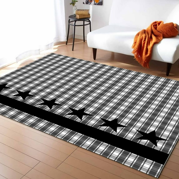 Area Rugs Indoor Non-Slip Rectangle Rug 2.7x5 Ft Checkered Art Abstract Gary Plaid Stars Decor Rug Rubber Backing Floor Mats Non Shedding Home Decor Carpet for Entryway Living Room