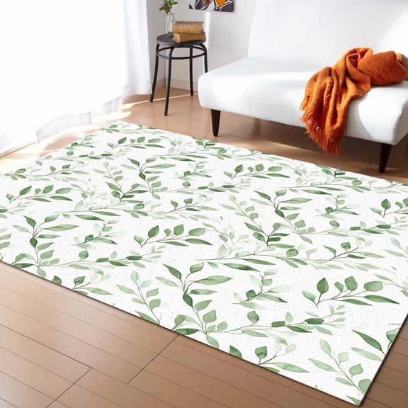Area Rugs Indoor Non-Slip Rectangle Rug 2.7x5 Ft Country Watercolor Leaf Green Leaves Plant Rug Rubber Backing Floor Mats Non Shedding Home Decor Carpet for Entryway Living Room
