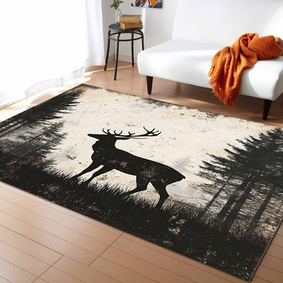 Area Rugs Indoor Non-Slip Rectangle Rug 2.7x5 Ft Deer Elk Silhouette Forest Retro Rug Rubber Backing Floor Mats Non Shedding Home Decor Carpet for Entryway Living Room