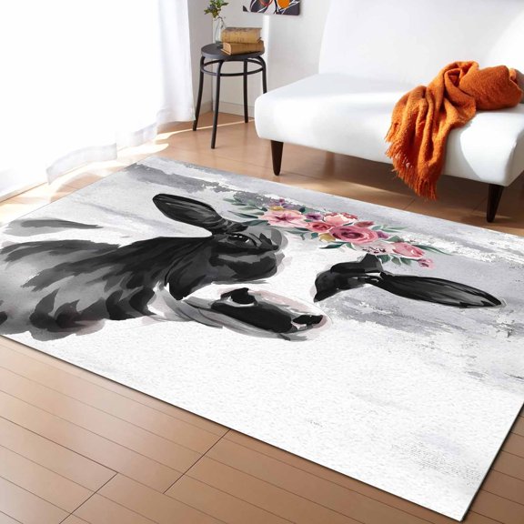 Area Rugs Indoor Non-Slip Rectangle Rug 2.7x5 Ft Farm Cow Vintage Black Grey Cattle with Floral Rug Rubber Backing Floor Mats Non Shedding Home Decor Carpet for Entryway Living Room