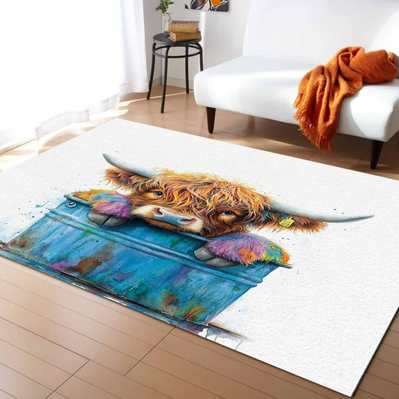 Area Rugs Indoor Non-Slip Rectangle Rug 2.7x5 Ft Highland Cattle Farmhouse Cow Funny Animal Rug Rubber Backing Floor Mats Non Shedding Home Decor Carpet for Entryway Living Room