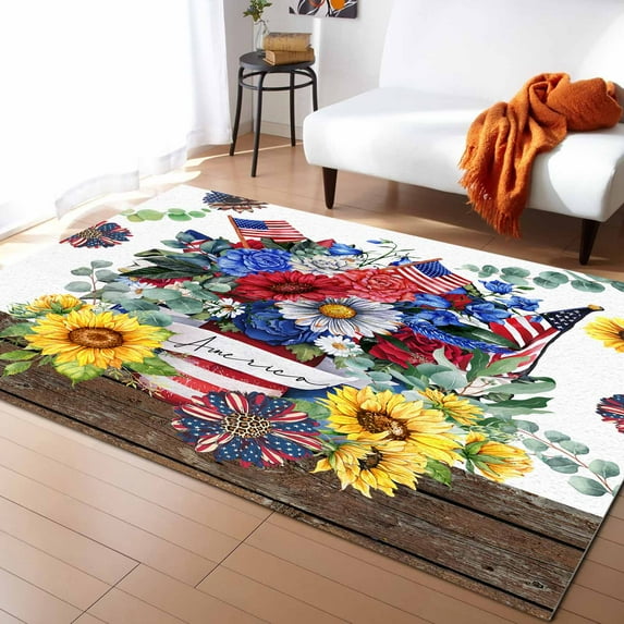 Area Rugs Indoor Non-Slip Rectangle Rug 2.7x5 Ft Independence Day Red Blue Flower Sunflower USA Flag Rug Rubber Backing Floor Mats Non Shedding Home Decor Carpet for Entryway Living Room