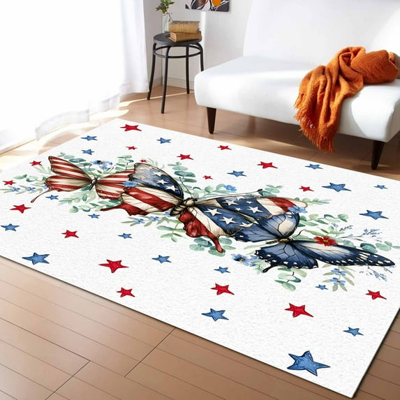 Area Rugs Indoor Non-Slip Rectangle Rug 2.7x5 Ft Independence Day USA Flag Red Blue Butterfly Star Rug Rubber Backing Floor Mats Non Shedding Home Decor Carpet for Entryway Living Room