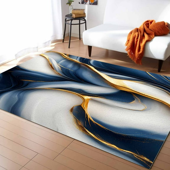Area Rugs Indoor Non-Slip Rectangle Rug 2.7x5 Ft Marble Texture Modern Golden Blue Fluid Art Rug Rubber Backing Floor Mats Non Shedding Home Decor Carpet for Entryway Living Room