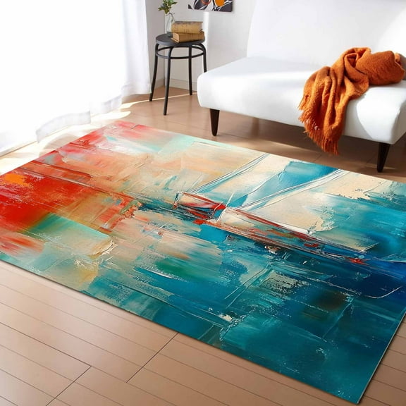 Area Rugs Indoor Non-Slip Rectangle Rug 2.7x5 Ft Modern Oil Painting Ship Abstract Red Blue Boat Rug Rubber Backing Floor Mats Non Shedding Home Decor Carpet for Entryway Living Room