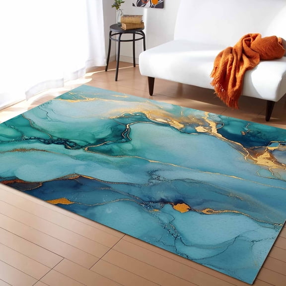 Area Rugs Indoor Non-Slip Rectangle Rug 2.7x5 Ft Modern Water Ripple Gold Green Marble Texture Rug Rubber Backing Floor Mats Non Shedding Home Decor Carpet for Entryway Living Room