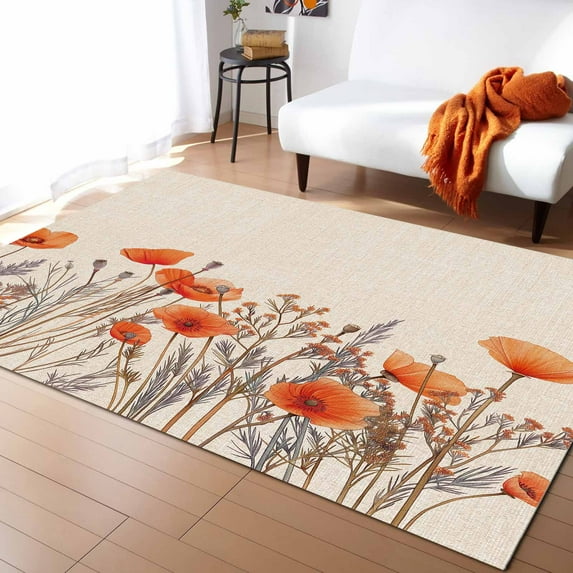 Area Rugs Indoor Non-Slip Rectangle Rug 2.7x5 Ft Orange Poppy Flowers Watercolor Floral Plants Retro Linen Rug Rubber Backing Floor Mats Non Shedding Home Decor Carpet for Entryway Living Room