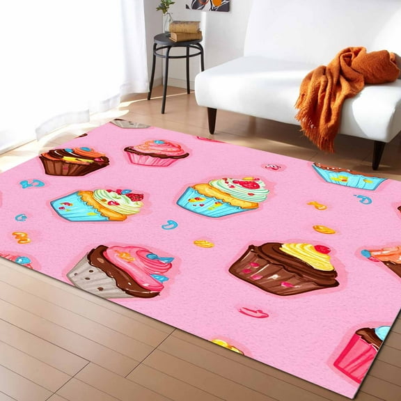 Area Rugs Indoor Non-Slip Rectangle Rug 2.7x5 Ft Pink Cake Blue Cake Cute Cartoon Dessert Modern Art Rug Rubber Backing Floor Mats Non Shedding Home Decor Carpet for Entryway Living Room
