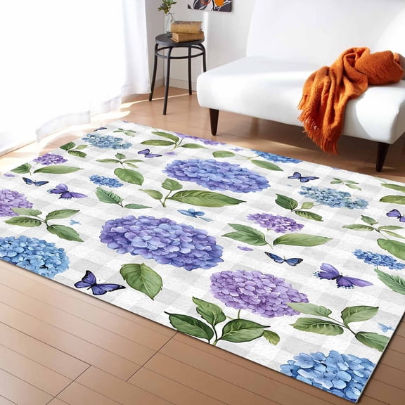Area Rugs Indoor Non-Slip Rectangle Rug 2.7x5 Ft Purple Hydrangeas Floral Leaf Retro Buffalo Plaid Country Rug Rubber Backing Floor Mats Non Shedding Home Decor Carpet for Entryway Living Room