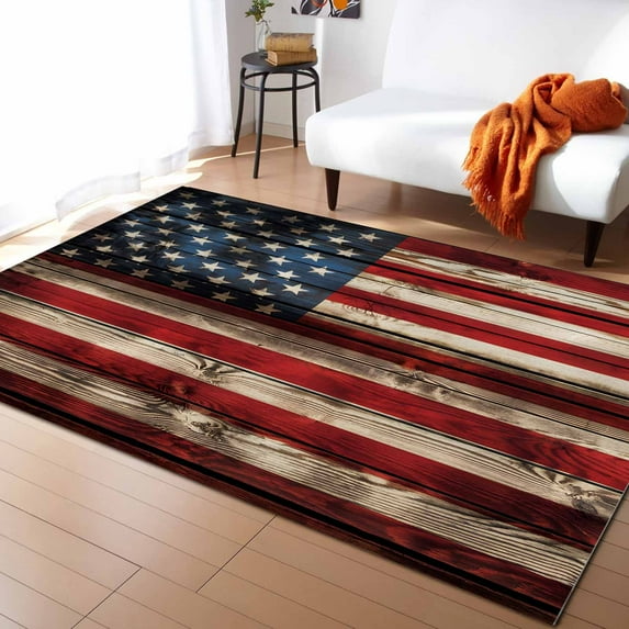 Area Rugs Indoor Non-Slip Rectangle Rug 2.7x5 Ft Retro USA Flag Stars Stripes Wood Grain Independence Day Rug Rubber Backing Floor Mats Non Shedding Home Decor Carpet for Entryway Living Room